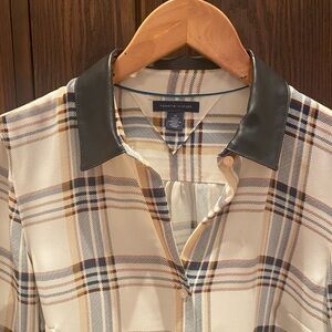 Tommy Hilfiger Plaid Blouse with Brown Leather Collar